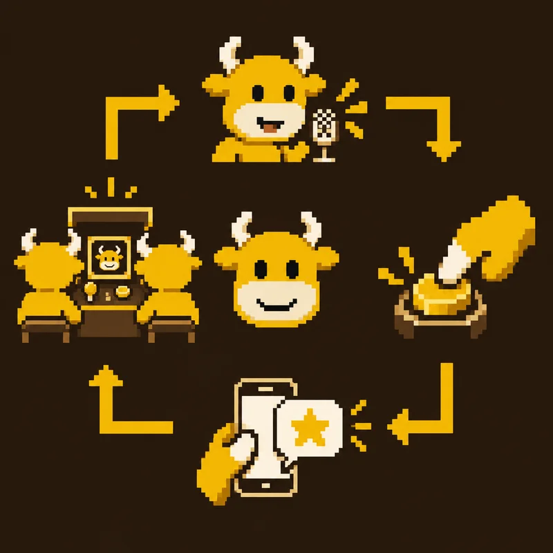 Golden pixel characters connected in a circle, illustrating markets and people finding each other